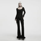 PUNK RAVE Women's Gothic Rose Flocked Lace-up Irregular Hem Long Sleeve Top