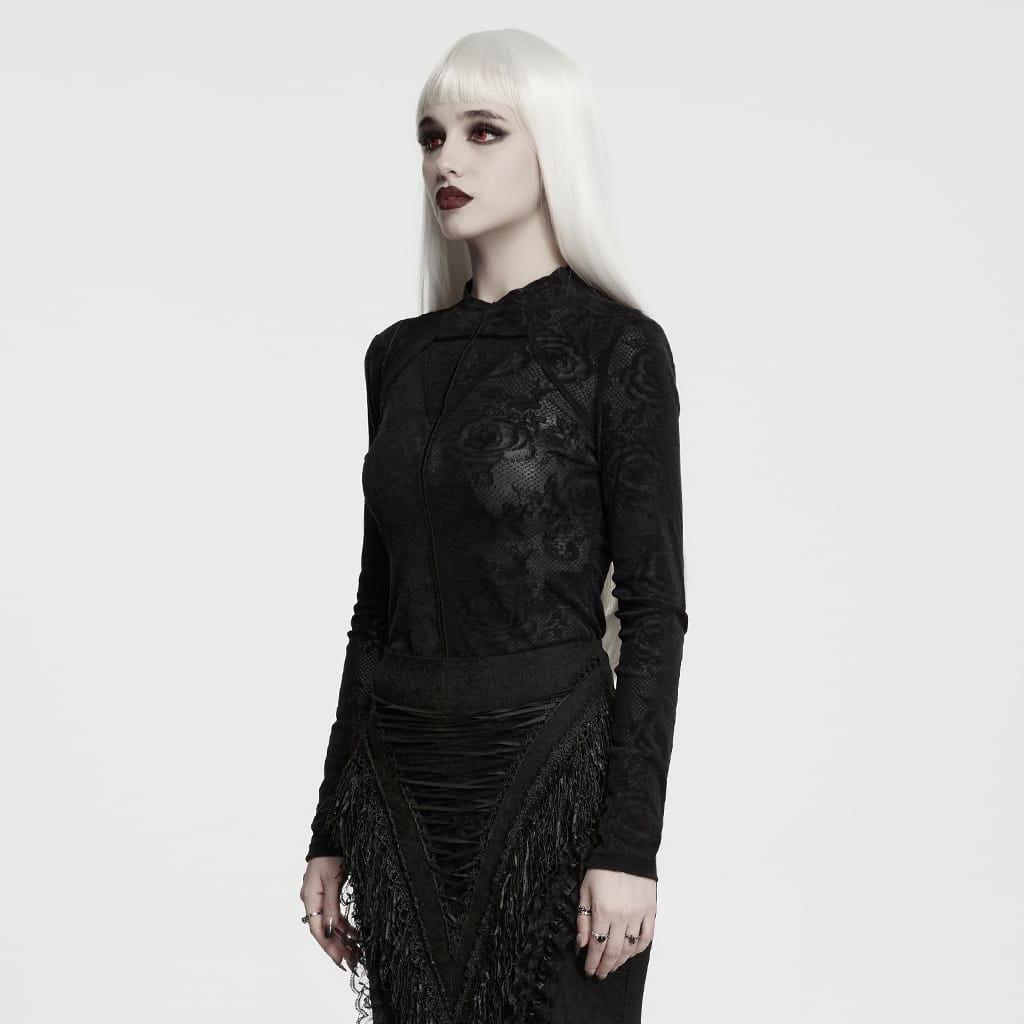 PUNK RAVE Women's Gothic Rose Jacquard Long Sleeve Top Black
