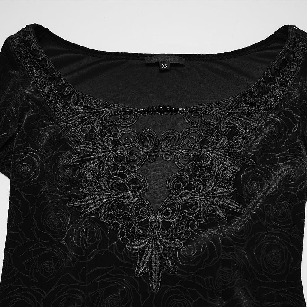 PUNK RAVE Women's Gothic Rose Printed Cutout Bell Sleeved Gown Dress Wedding Dress Black