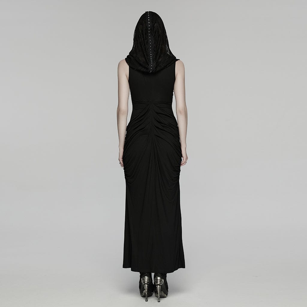 PUNK RAVE Women's Gothic Ruched Hooded Nun Dress