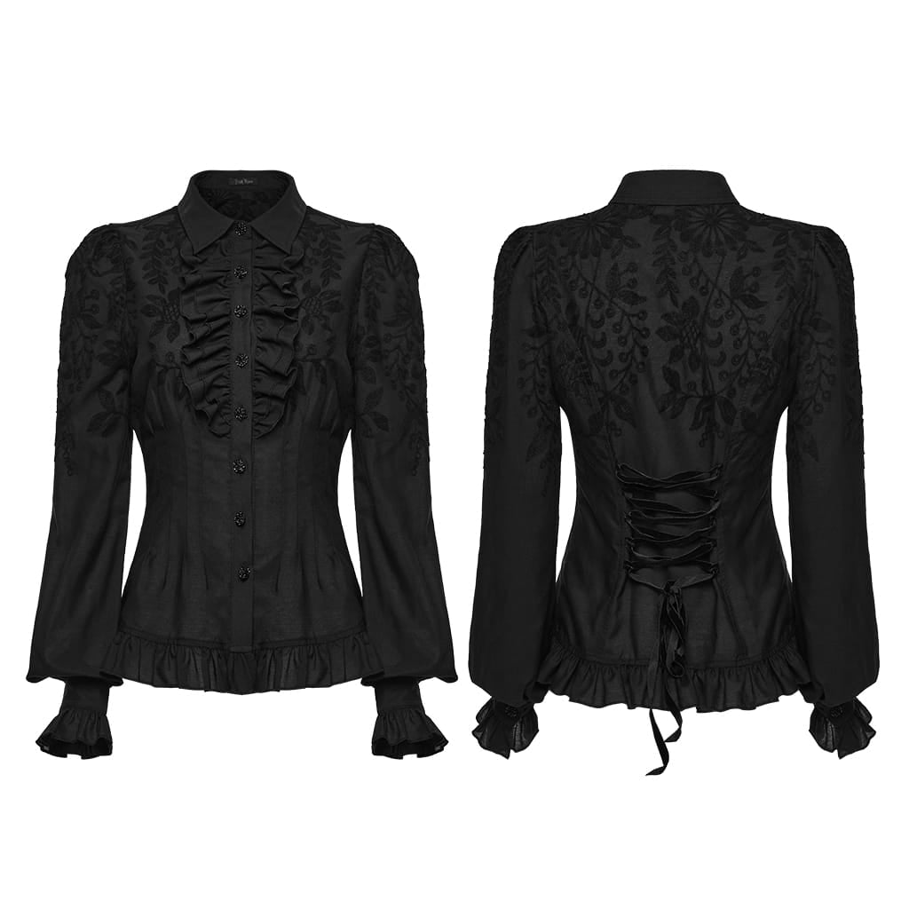 PUNK RAVE Women's Gothic Ruffle Embroidered Bishop Sleeve Shirt