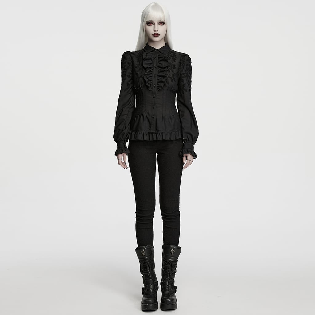 PUNK RAVE Women's Gothic Ruffle Embroidered Bishop Sleeve Shirt