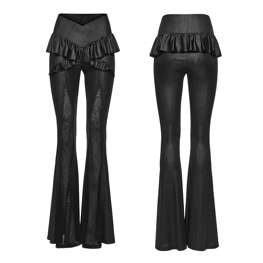 PUNK RAVE Women's Gothic Ruffled Cobweb Pattern Flared Pants