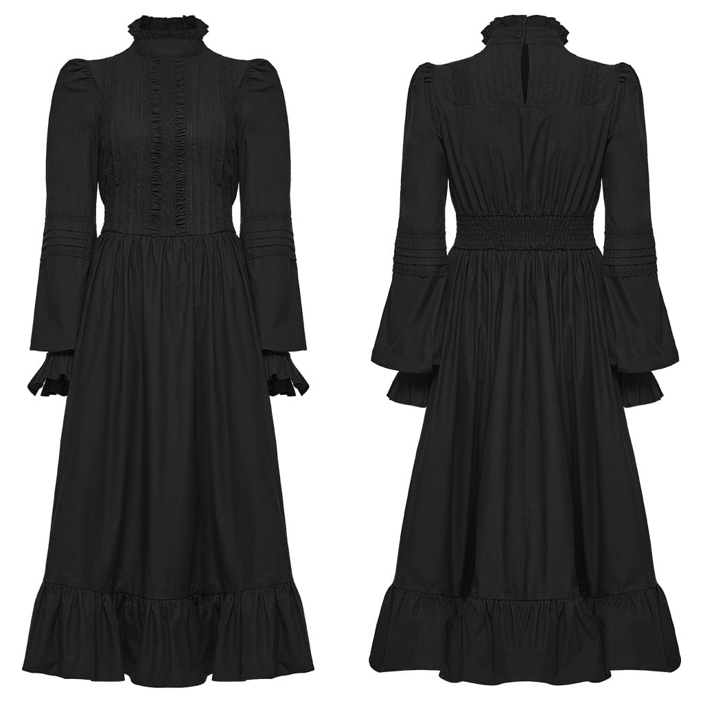 PUNK RAVE Women's Gothic Ruffled High Neck Bishop Sleeve Maxi Dress