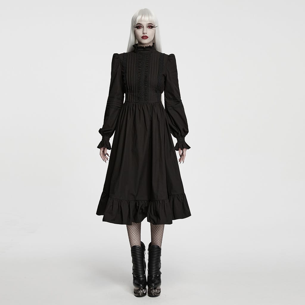 PUNK RAVE Women's Gothic Ruffled High Neck Bishop Sleeve Maxi Dress