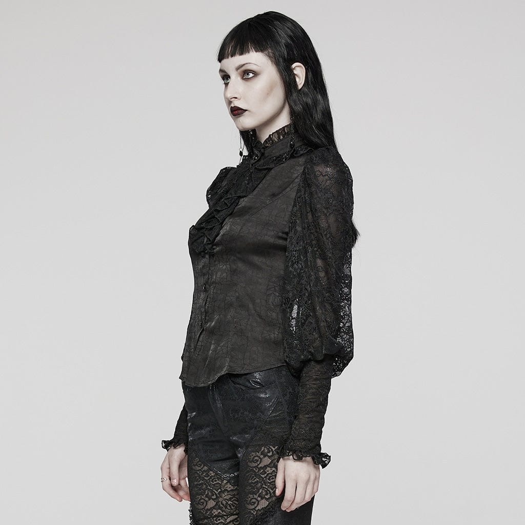 PUNK RAVE Women's Gothic Ruffled Lace Lace-Up Long Sleeved Shirt