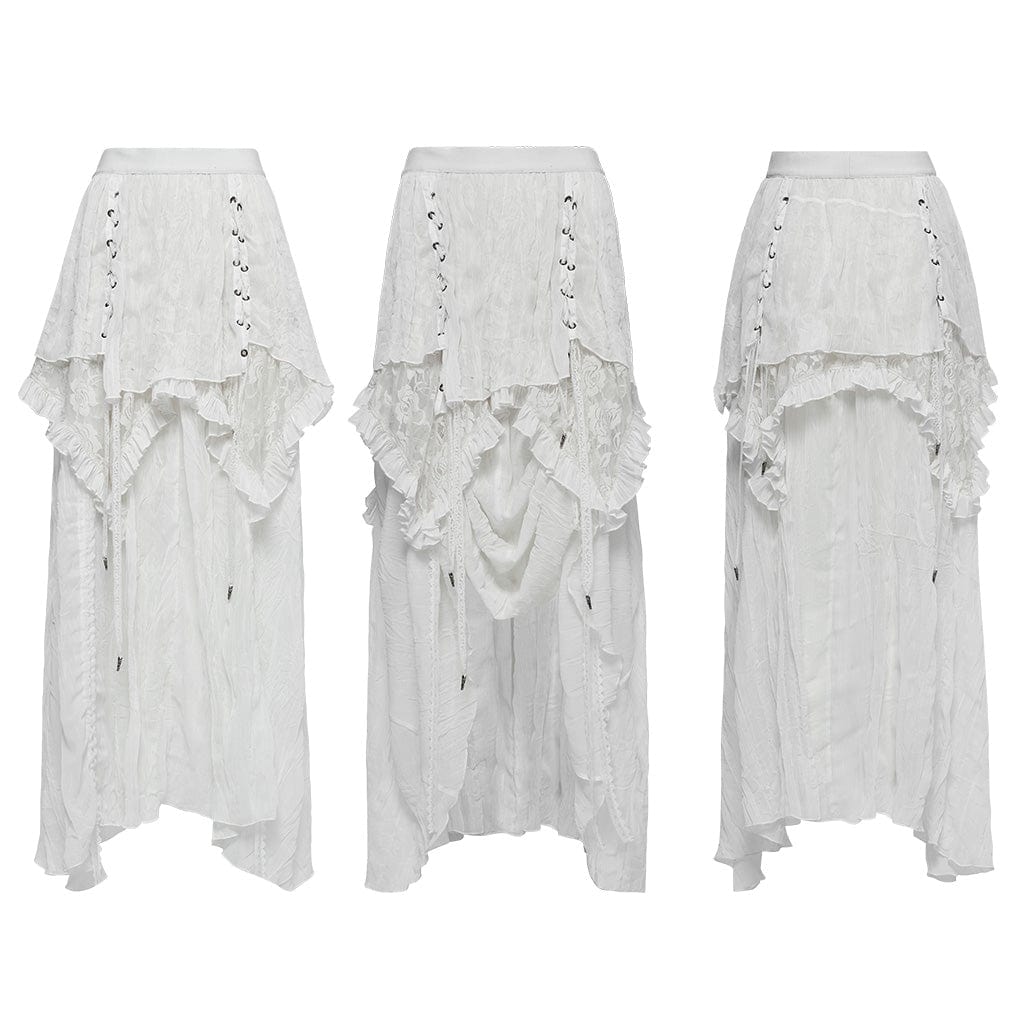 PUNK RAVE Women's Gothic Ruffled Lace Splice Chiffon Lace-up High/low Skirt