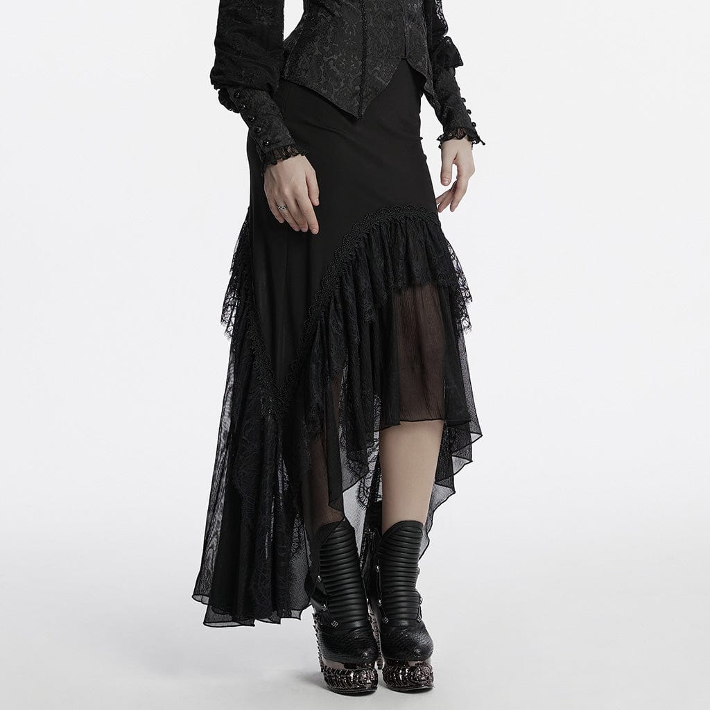 PUNK RAVE Women's Gothic Ruffled Lace Splice Fishtail Skirt