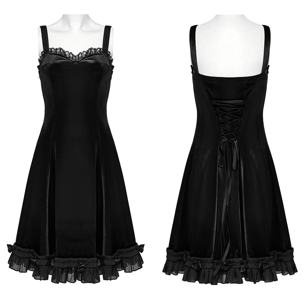 PUNK RAVE Women's Gothic Ruffled Lace Splice Gradient Velvet Slip Dress