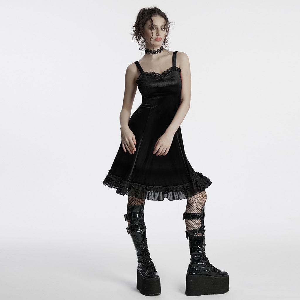 PUNK RAVE Women's Gothic Ruffled Lace Splice Gradient Velvet Slip Dress