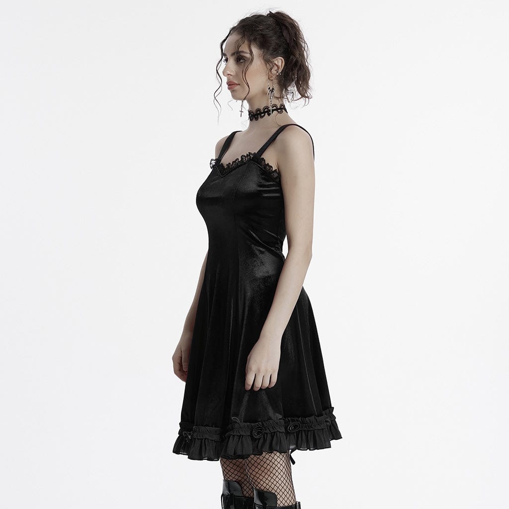 PUNK RAVE Women's Gothic Ruffled Lace Splice Gradient Velvet Slip Dress