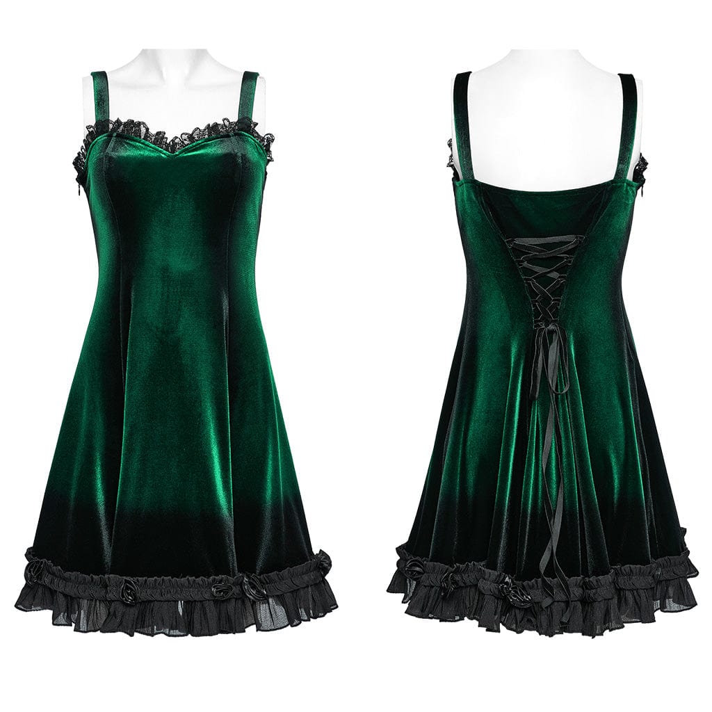 PUNK RAVE Women's Gothic Ruffled Lace Splice Gradient Velvet Slip Dress Green