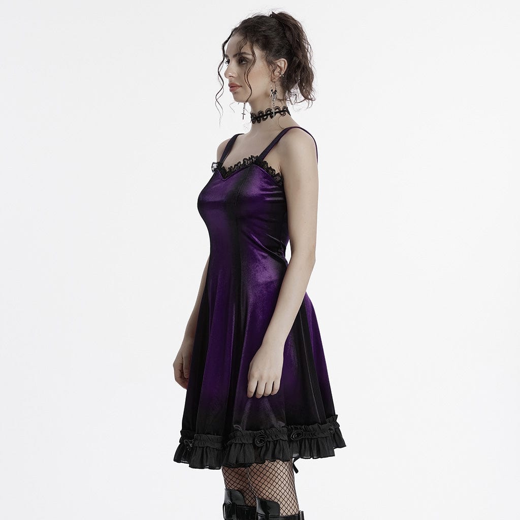 PUNK RAVE Women's Gothic Ruffled Lace Splice Gradient Velvet Slip Dress Violet