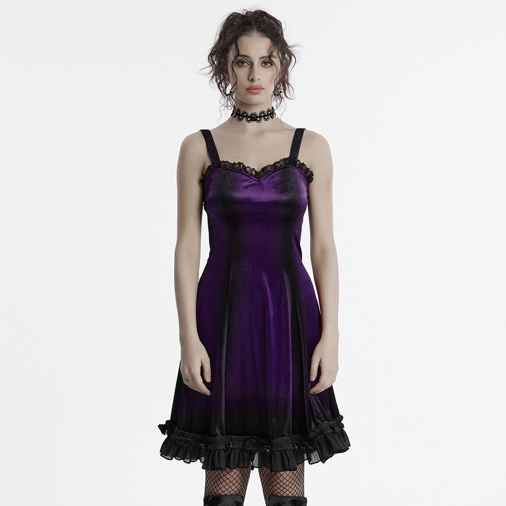 PUNK RAVE Women's Gothic Ruffled Lace Splice Gradient Velvet Slip Dress Violet