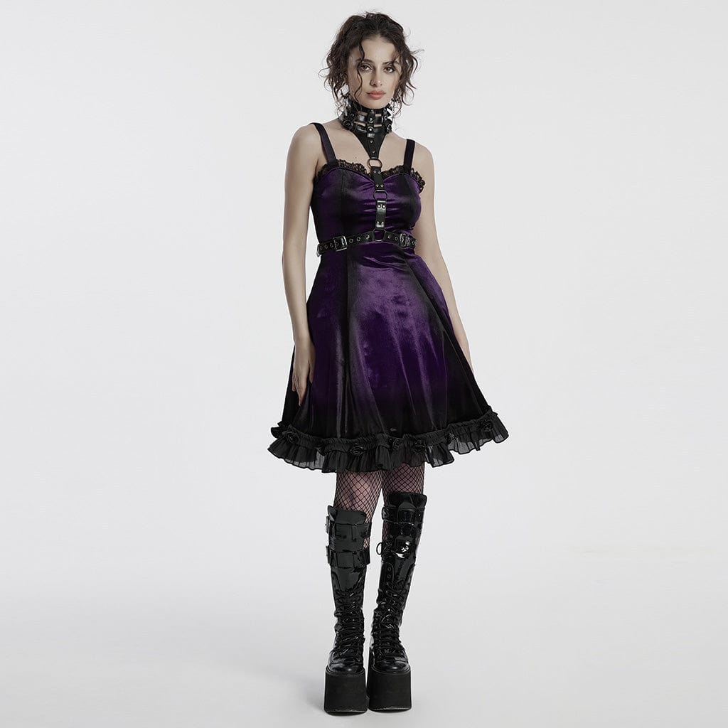 PUNK RAVE Women's Gothic Ruffled Lace Splice Gradient Velvet Slip Dress Violet