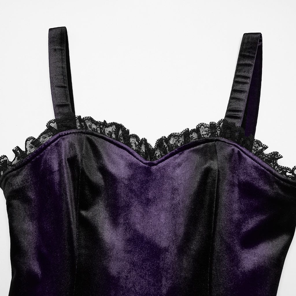 PUNK RAVE Women's Gothic Ruffled Lace Splice Gradient Velvet Slip Dress Violet