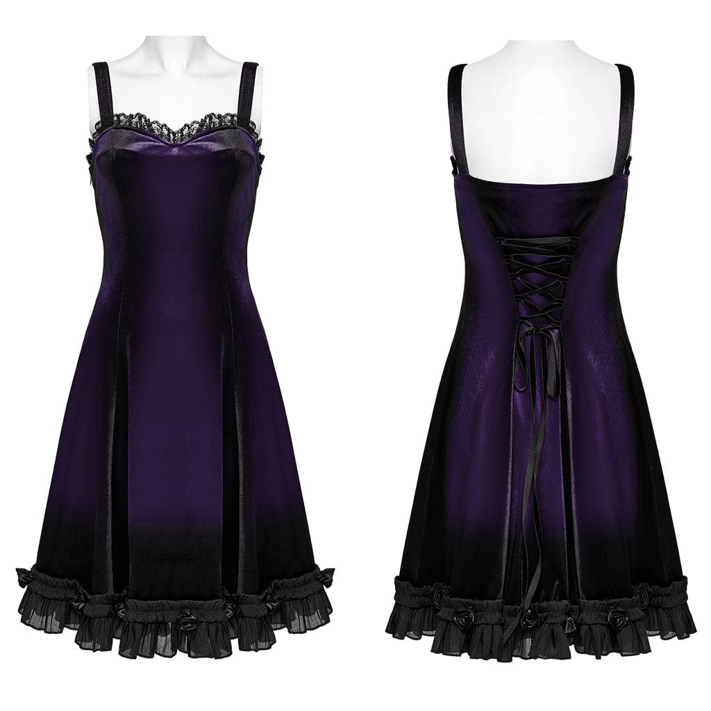 PUNK RAVE Women's Gothic Ruffled Lace Splice Gradient Velvet Slip Dress Violet