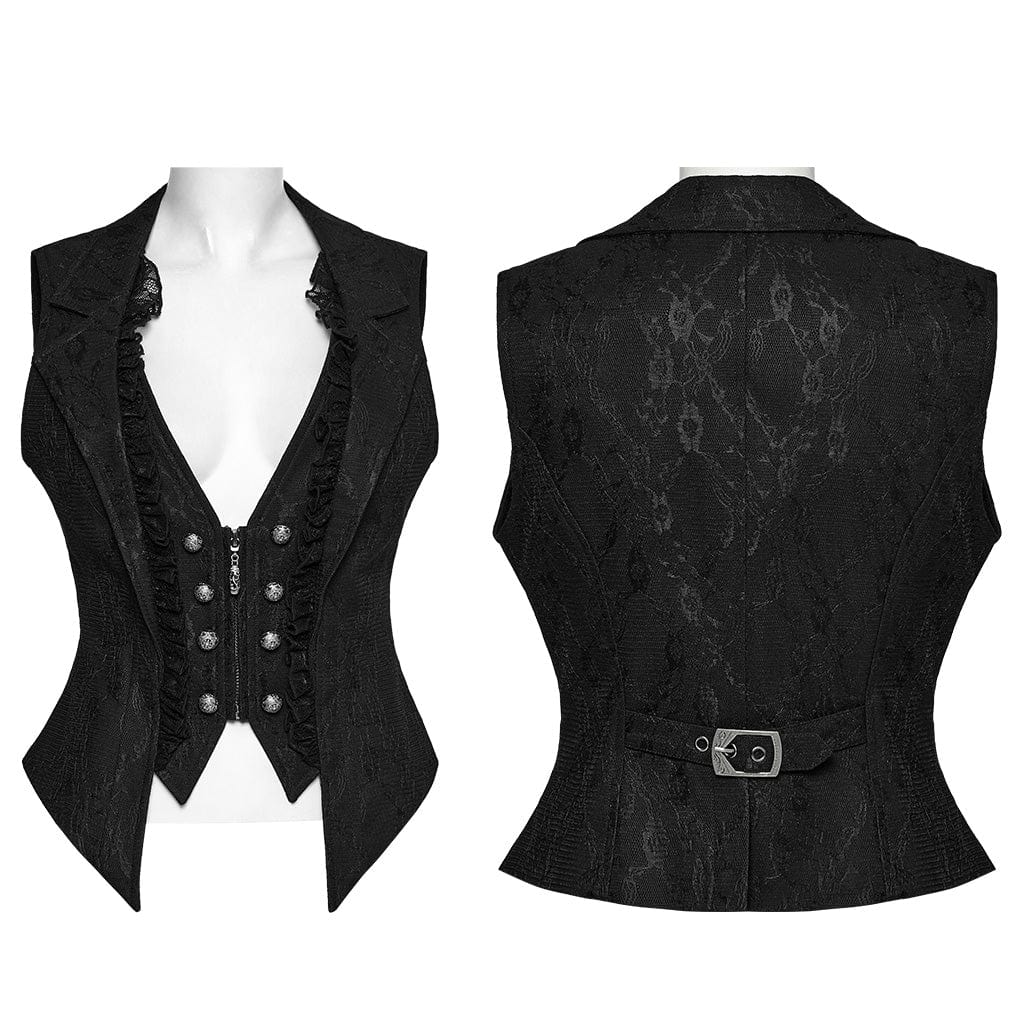 PUNK RAVE Women's Gothic Ruffled Lace Splice Lapel Vest Black