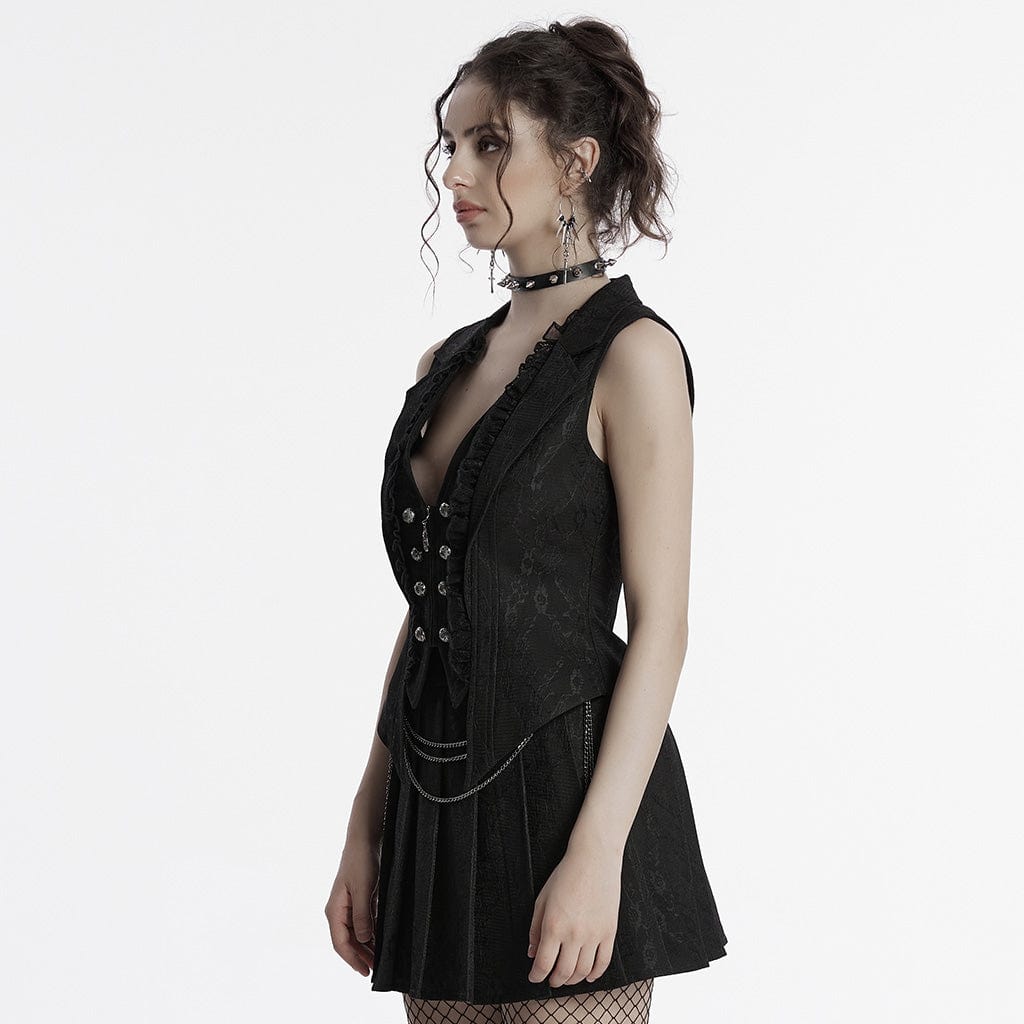 PUNK RAVE Women's Gothic Ruffled Lace Splice Lapel Vest Black