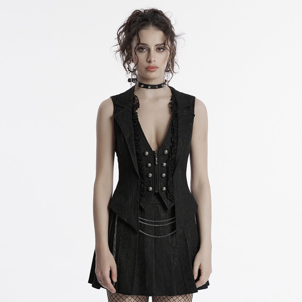 PUNK RAVE Women's Gothic Ruffled Lace Splice Lapel Vest Black