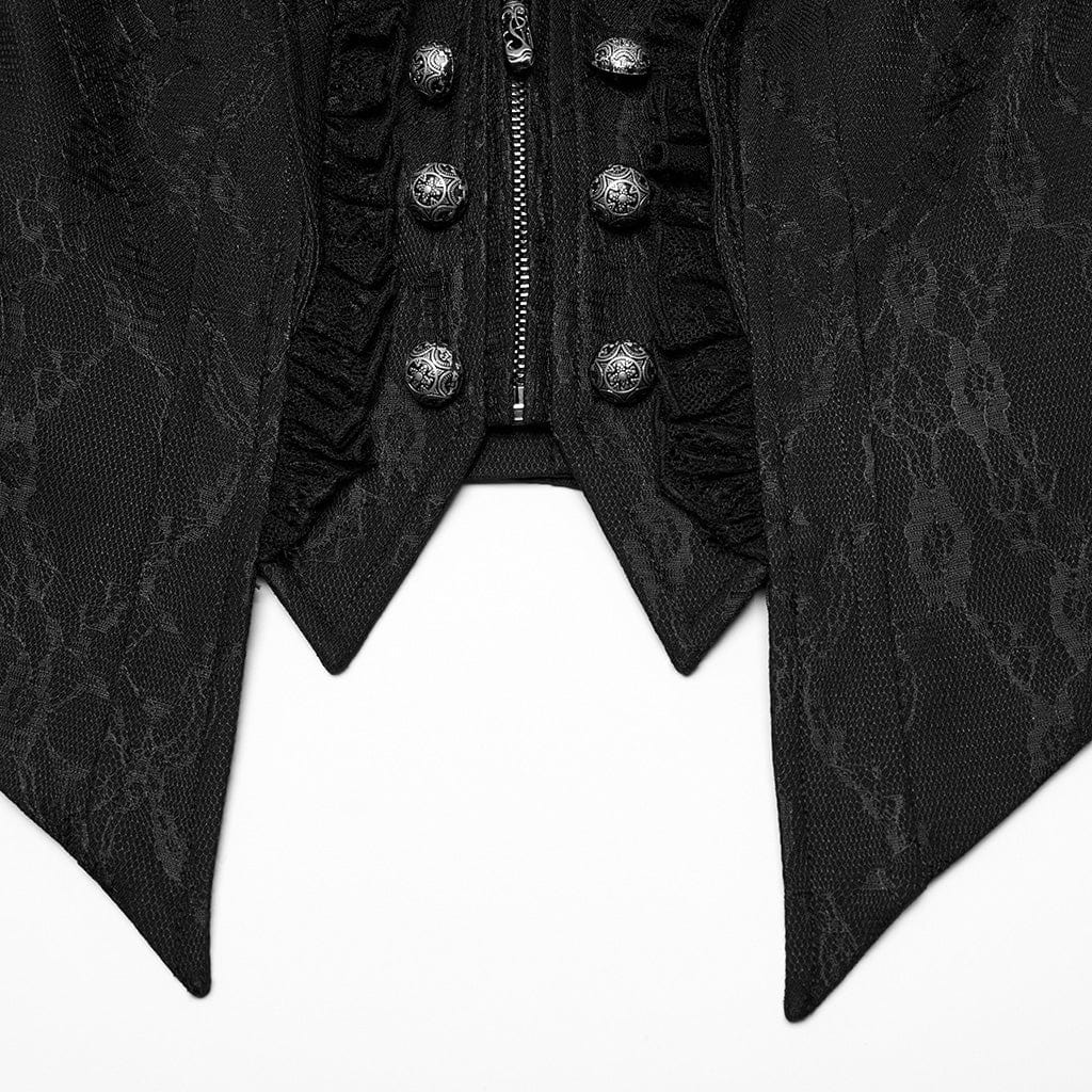 PUNK RAVE Women's Gothic Ruffled Lace Splice Lapel Vest Black