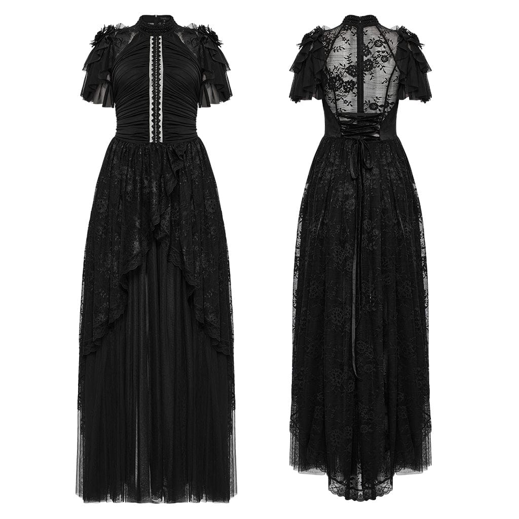 PUNK RAVE Women's Gothic Ruffled Lace Splice Layered Ball Gown Dress