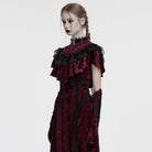 PUNK RAVE Women's Gothic Ruffled Lace Splice Velvet Cape Red