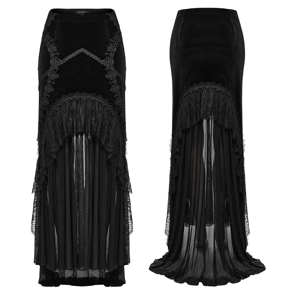 PUNK RAVE Women's Gothic Ruffled Lace Splice Velvet Fishtailed Skirt