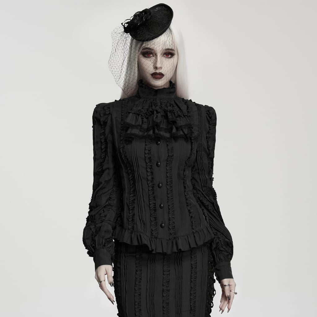 PUNK RAVE Women's Gothic Ruffled Lace-up Long Sleeve Shirt with Detachable Collar