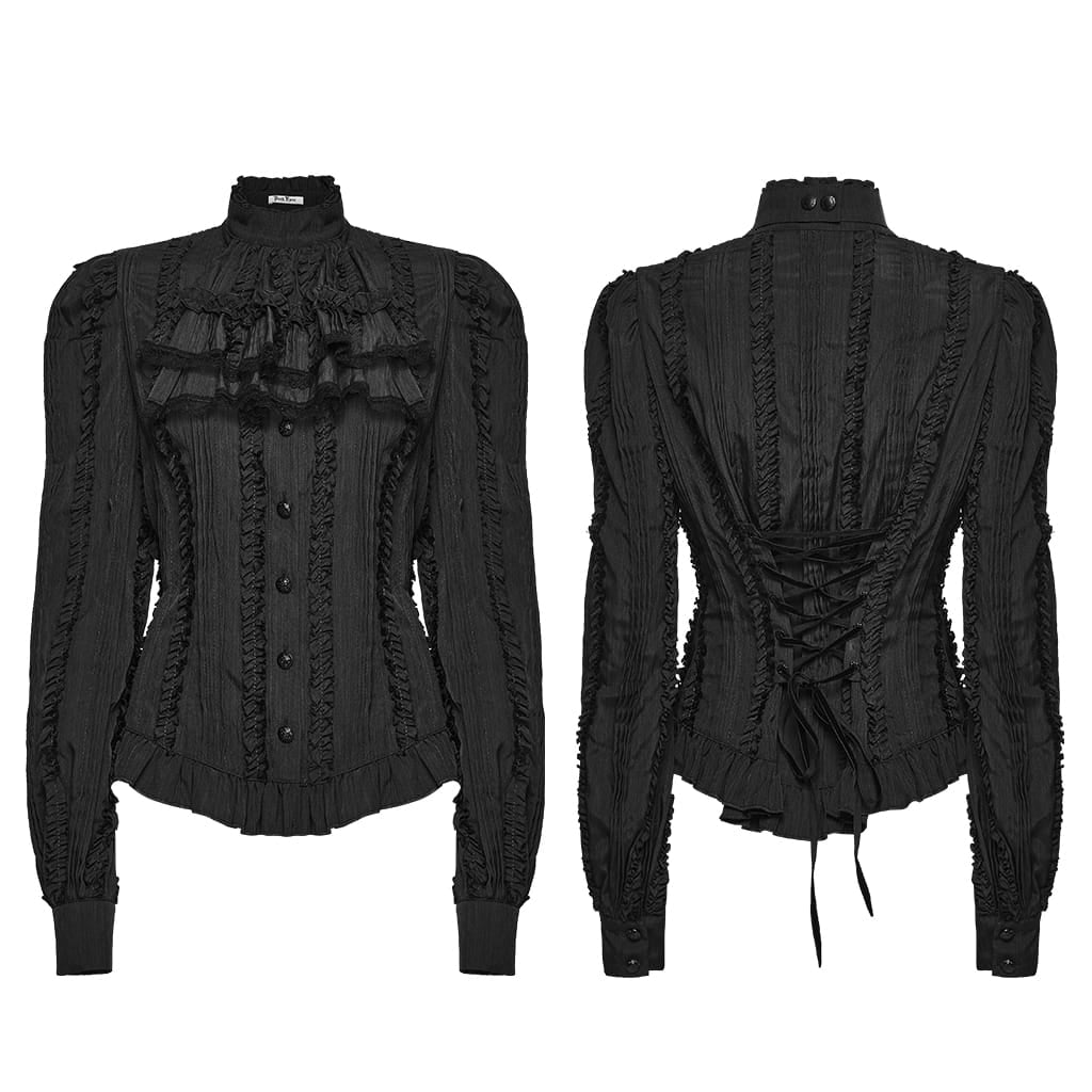 PUNK RAVE Women's Gothic Ruffled Lace-up Long Sleeve Shirt with Detachable Collar