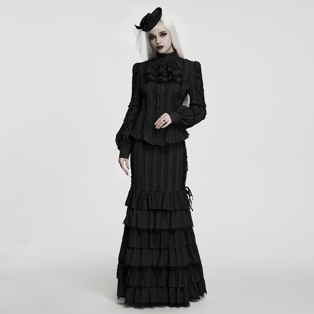 PUNK RAVE Women's Gothic Ruffled Lace-up Long Sleeve Shirt with Detachable Collar