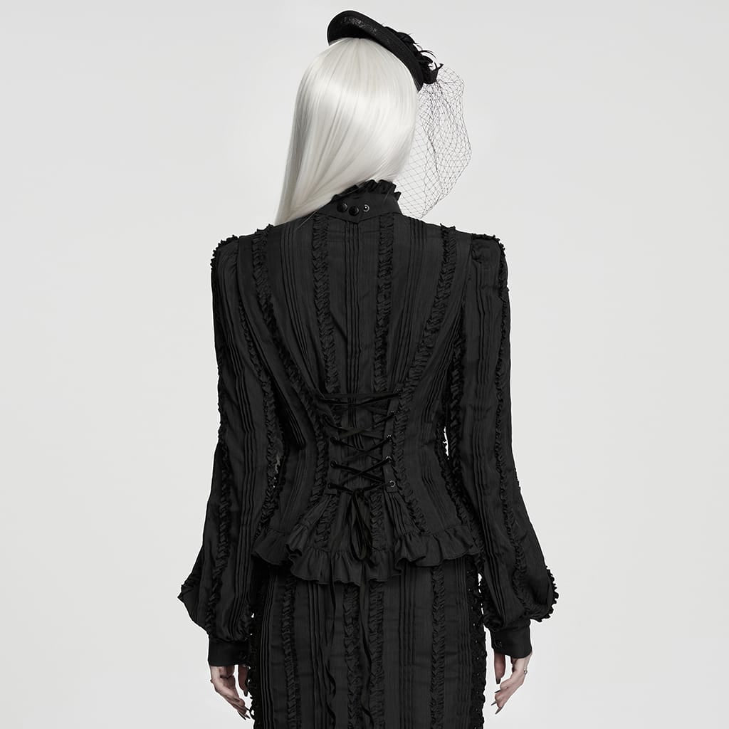 PUNK RAVE Women's Gothic Ruffled Lace-up Long Sleeve Shirt with Detachable Collar