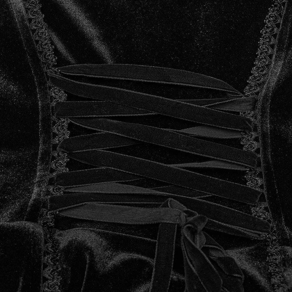 PUNK RAVE Women's Gothic Ruffled Layered Velvet Dress with Oversleeves