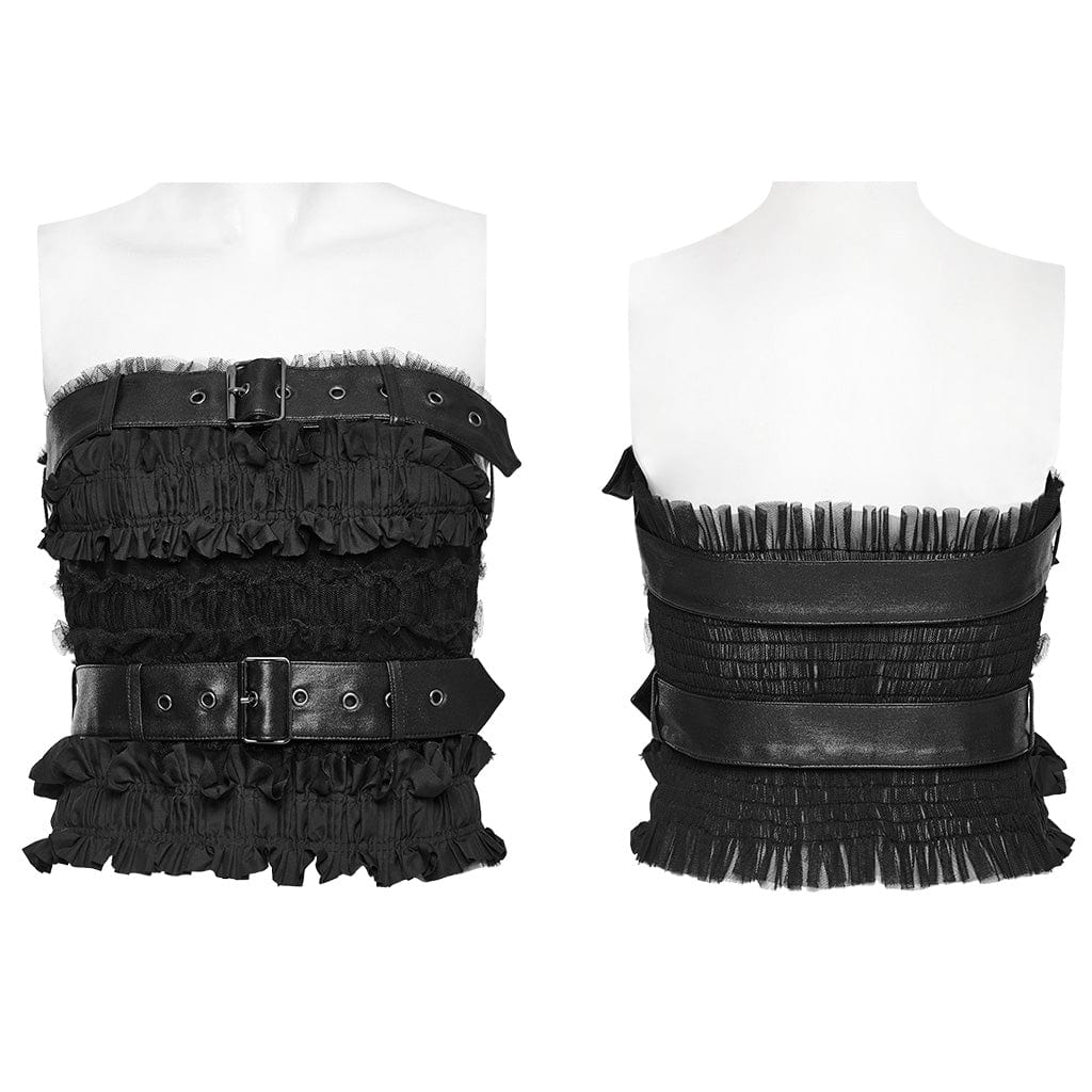 PUNK RAVE Women's Gothic Ruffled Mesh Black Bustier with Belts