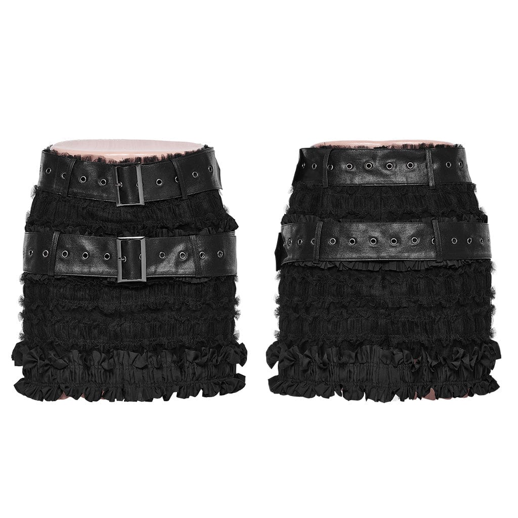 PUNK RAVE Women's Gothic Ruffled Mesh Black Skirt with Belts