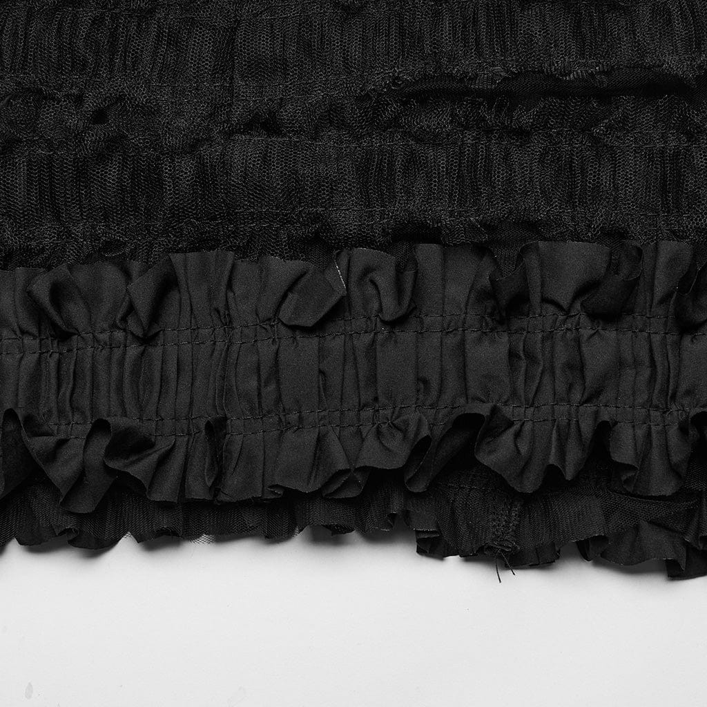 PUNK RAVE Women's Gothic Ruffled Mesh Black Skirt with Belts