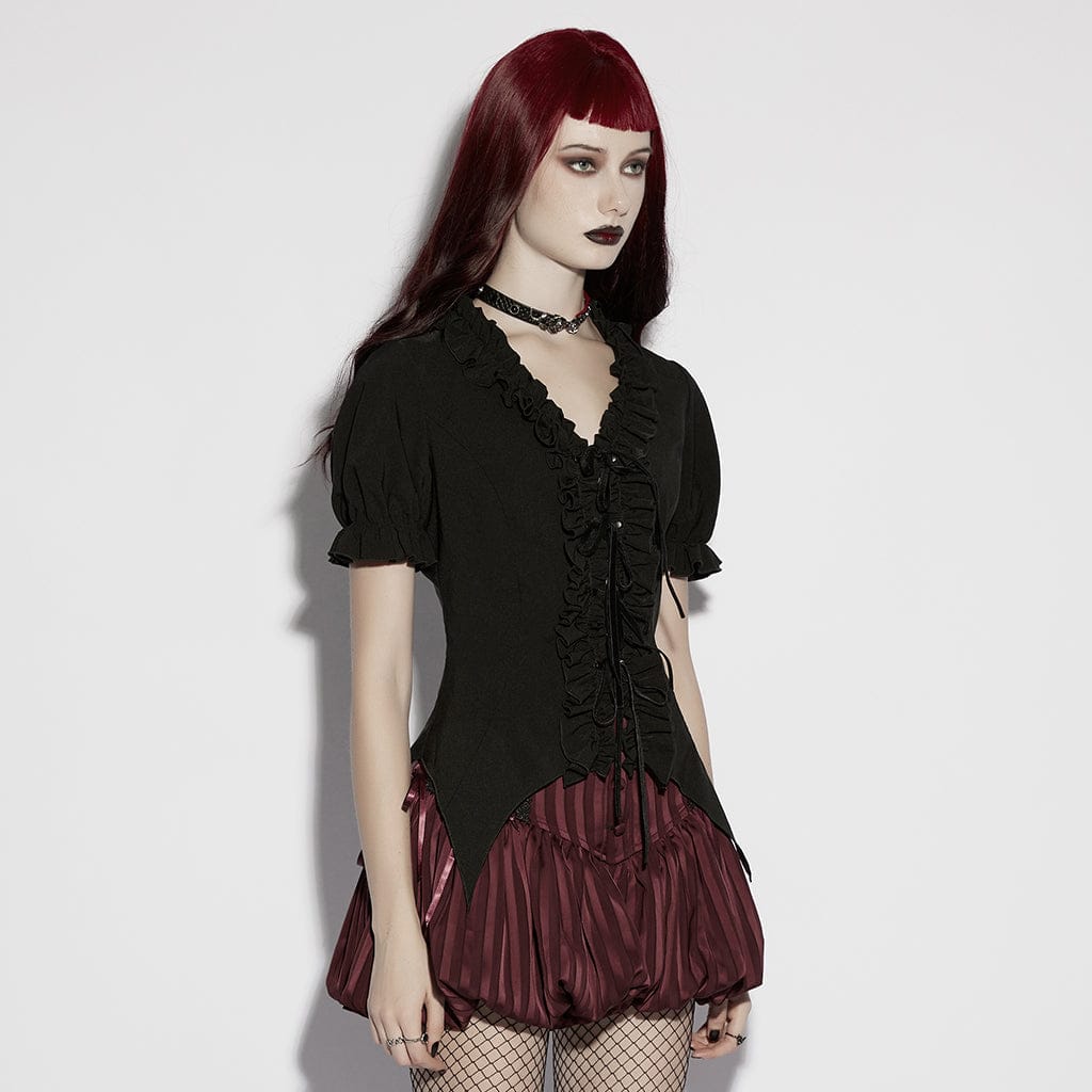 Women's Gothic Ruffled Plunging Puff Short Sleeved Shirt – Punk Design