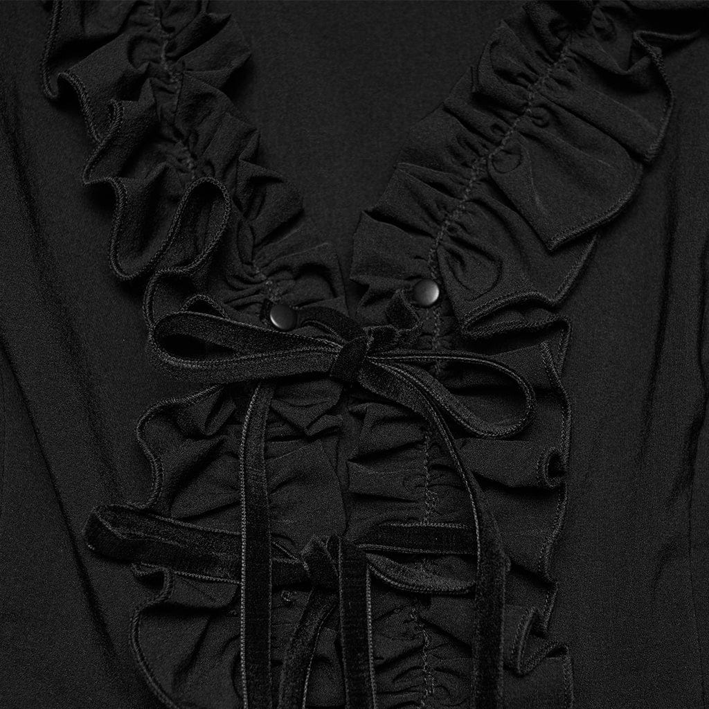 PUNK RAVE Women's Gothic Ruffled Plunging Puff Short Sleeved Shirt