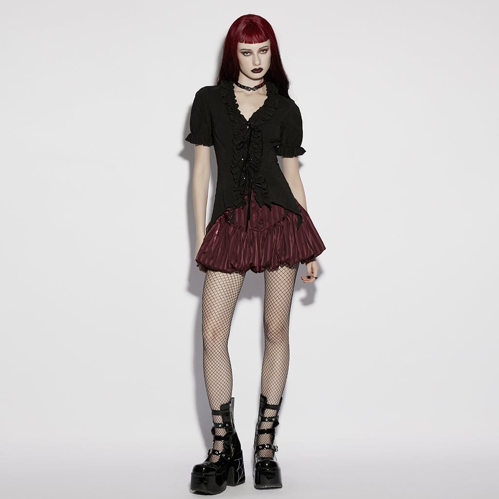 PUNK RAVE Women's Gothic Ruffled Plunging Puff Short Sleeved Shirt