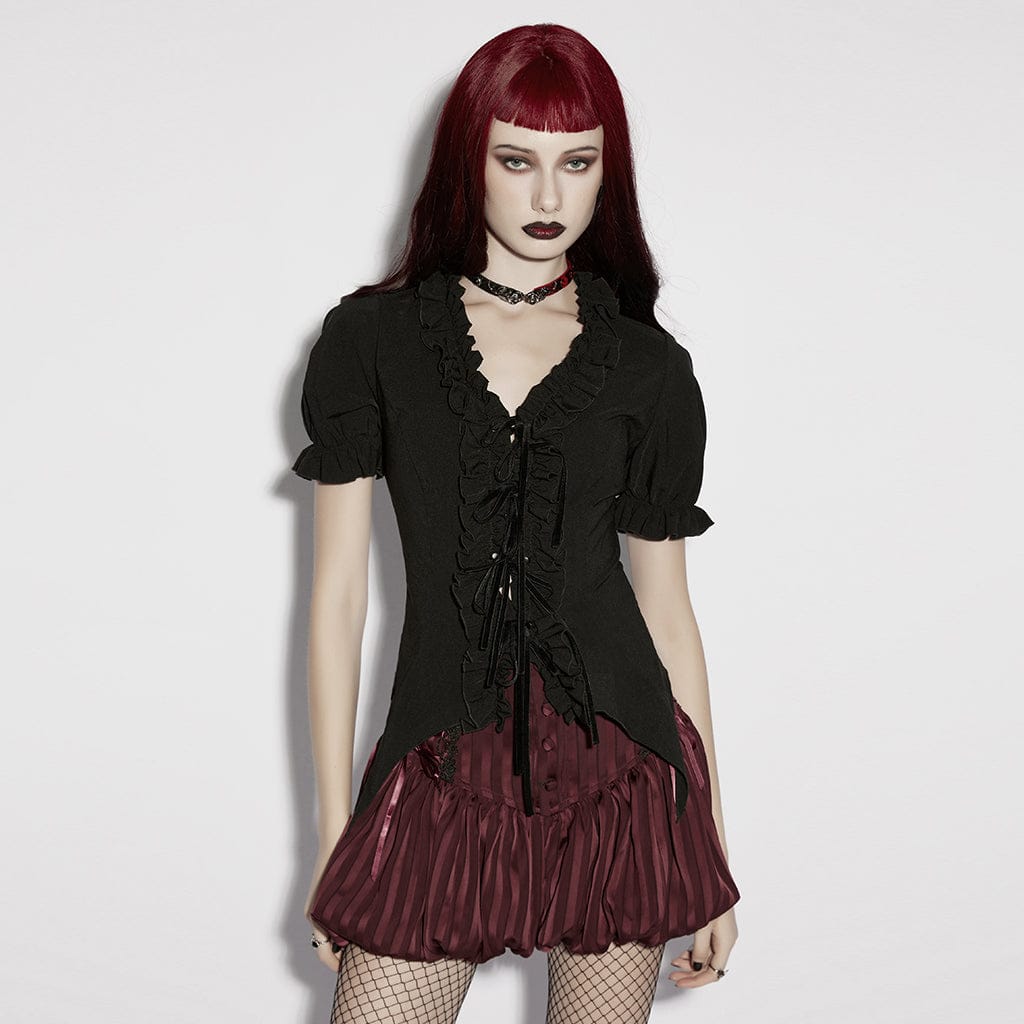 Women's Gothic Ruffled Plunging Puff Short Sleeved Shirt – Punk Design