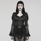 PUNK RAVE Women's Gothic Ruffled Spaghetti Strap Lace Long Toned Horn Sleeved Shirt