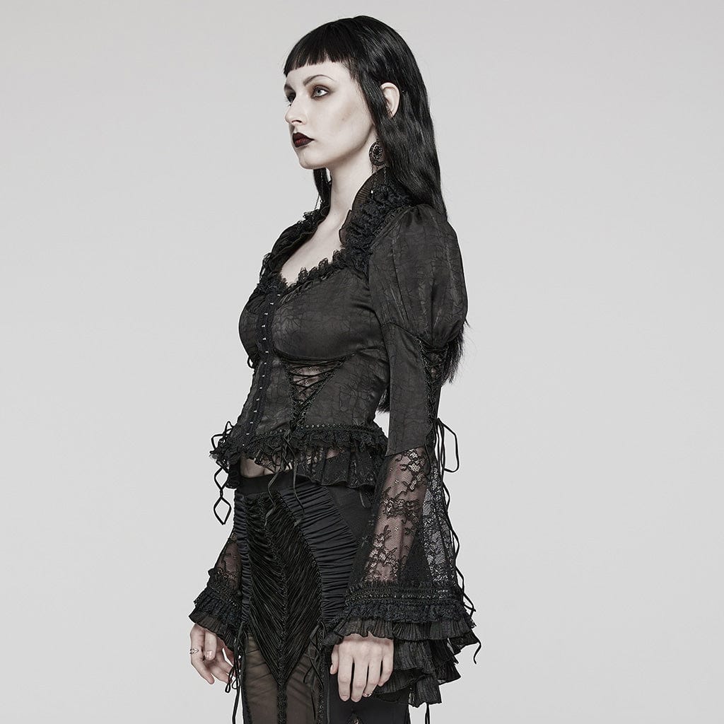 PUNK RAVE Women's Gothic Ruffled Spaghetti Strap Lace Long Toned Horn Sleeved Shirt