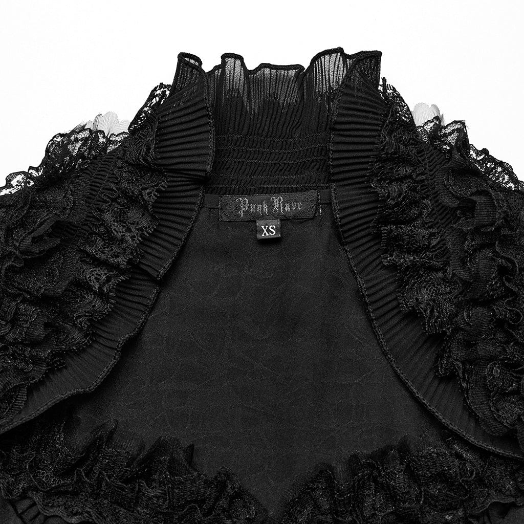 PUNK RAVE Women's Gothic Ruffled Spaghetti Strap Lace Long Toned Horn Sleeved Shirt