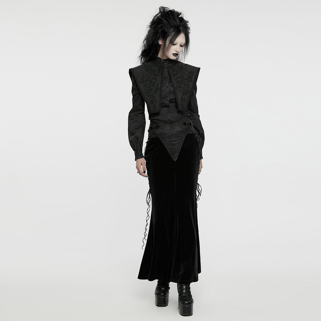 PUNK RAVE Women's Gothic Ruffled Stand Collar Lace-up Shirt Black