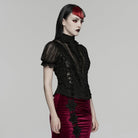 PUNK RAVE Women's Gothic Ruffled Stand Collar Short Sleeved Shirt