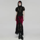 PUNK RAVE Women's Gothic Ruffled Stand Collar Short Sleeved Shirt