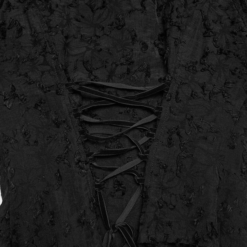 PUNK RAVE Women's Gothic Ruffled Stand Collar Short Sleeved Shirt