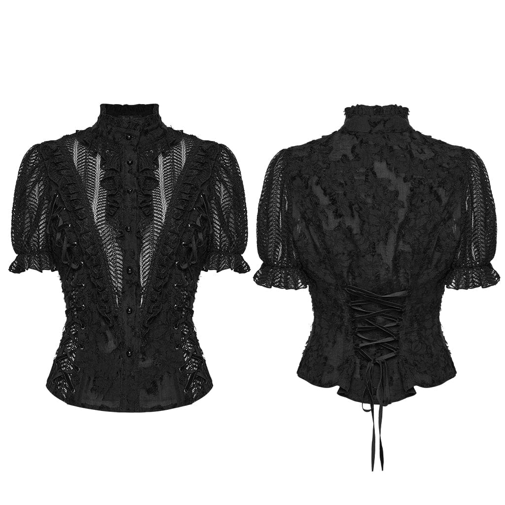 PUNK RAVE Women's Gothic Ruffled Stand Collar Short Sleeved Shirt
