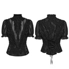 PUNK RAVE Women's Gothic Ruffled Stand Collar Short Sleeved Shirt