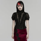 PUNK RAVE Women's Gothic Ruffled Stand Collar Short Sleeved Shirt